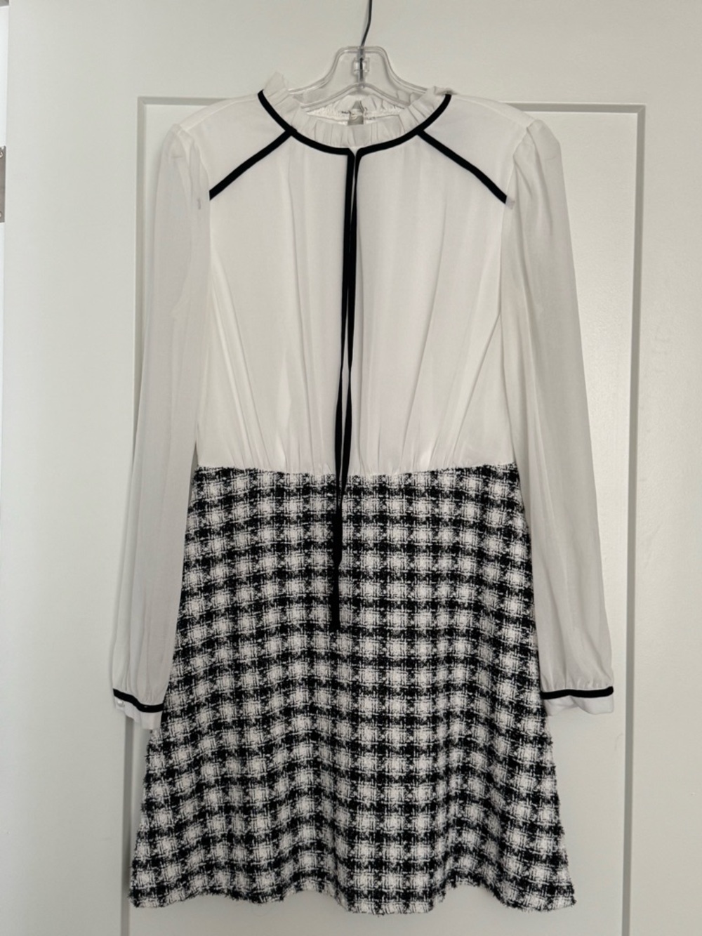 White Long-Sleeve Two-Tone Dress with Black Trim